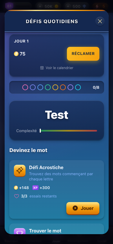 WordFlow Daily Challenges screen
